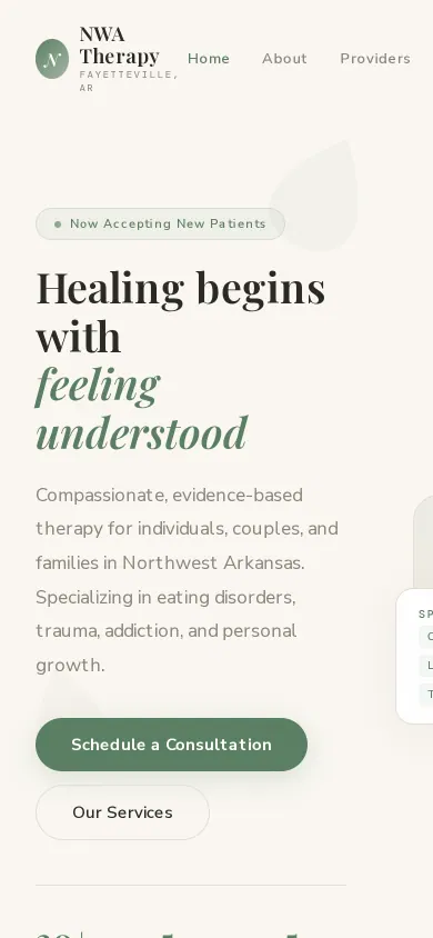 Home page of the NWA Therapy website on a phone
