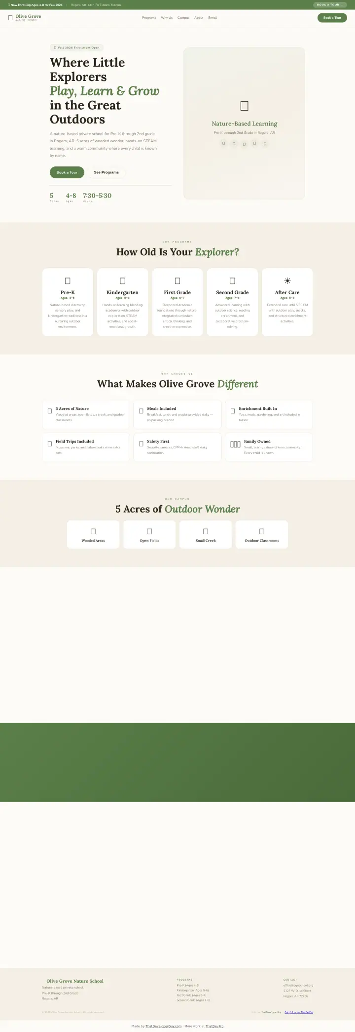 Home page of the Olive Grove website shown as one full page from top to bottom