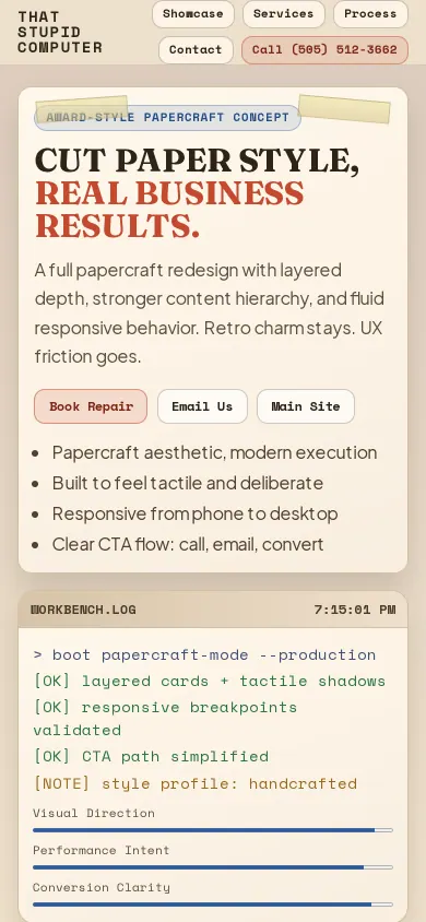 Home page of the Cut paper study website on a phone