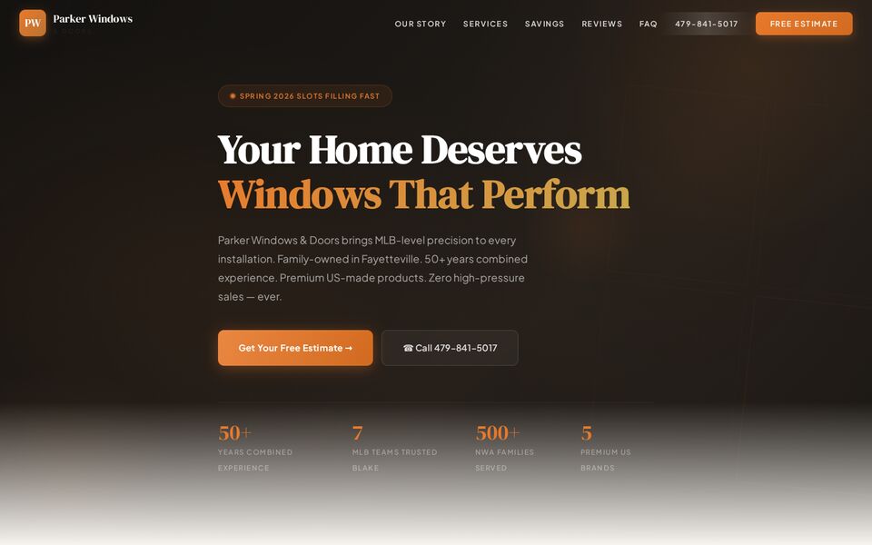 Home page of the Parker Windows & Doors website on a desktop screen
