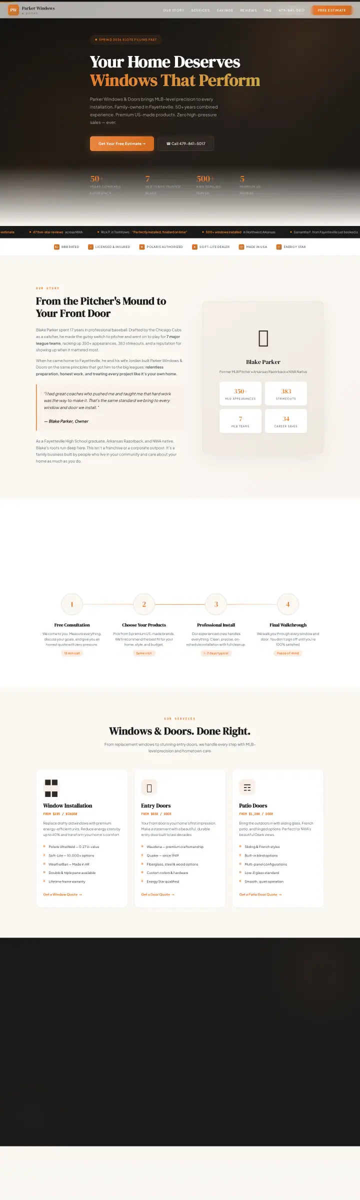 Home page of the Parker Windows & Doors website shown as one full page from top to bottom