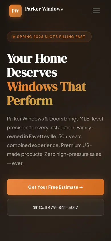 Home page of the Parker Windows & Doors website on a phone