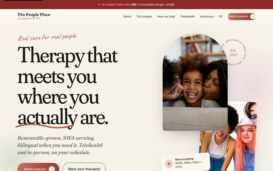 Home page of the The People Place Counseling Center website on a desktop screen
