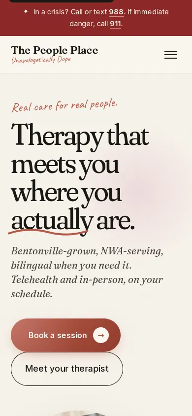 Home page of the The People Place Counseling Center website on a phone