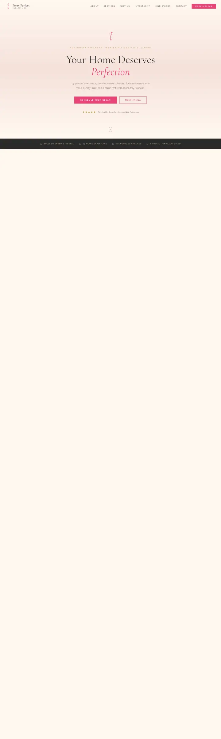 Home page of the Perry Perfect Cleaning website shown as one full page from top to bottom