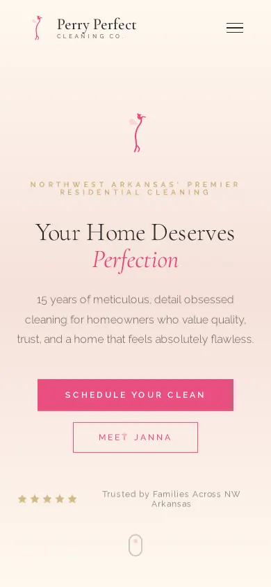 Home page of the Perry Perfect Cleaning website on a phone