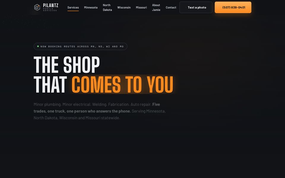 Home page of the Pilantz Mobile Services website on a desktop screen
