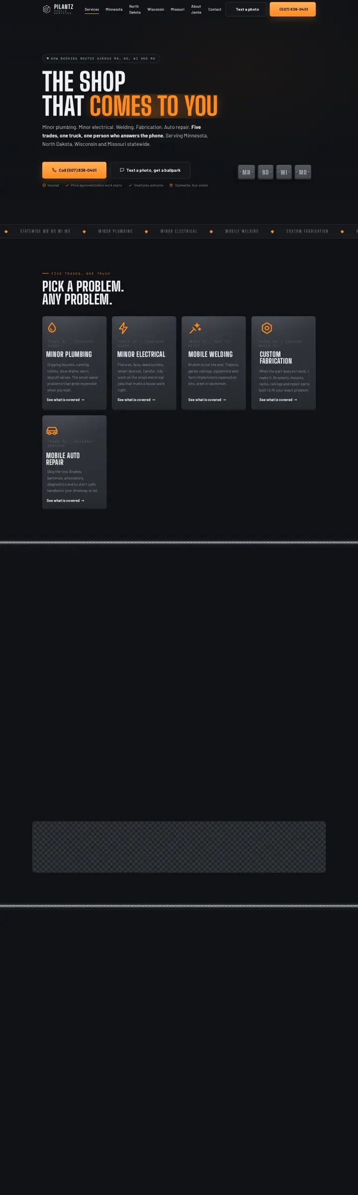 Home page of the Pilantz Mobile Services website shown as one full page from top to bottom