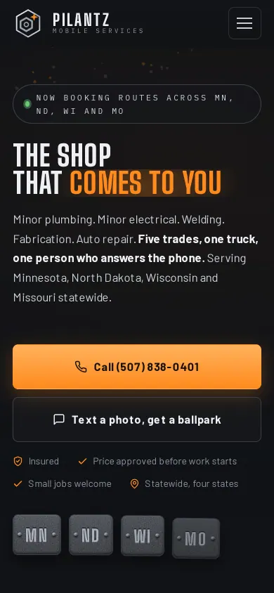 Home page of the Pilantz Mobile Services website on a phone