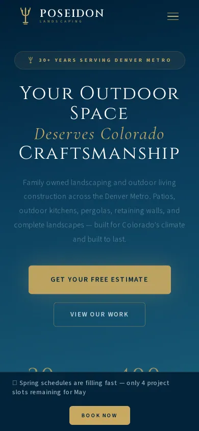 Home page of the Poseidon Landscaping website on a phone