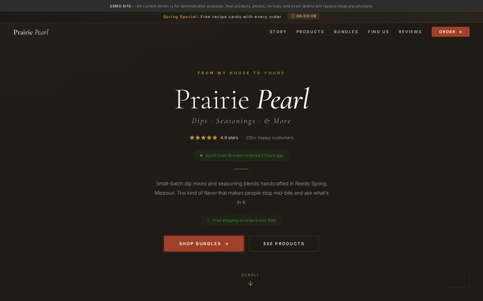 Home page of the Prairie Pearl website on a desktop screen