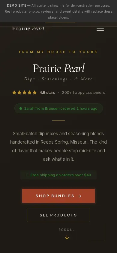 Home page of the Prairie Pearl website on a phone