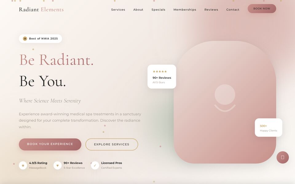 Home page of the Radiant Elements Medical Spa website on a desktop screen