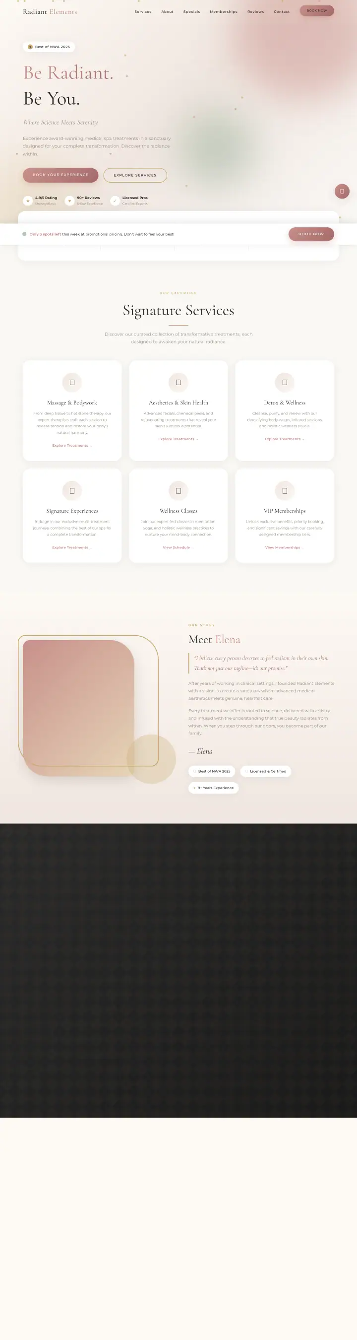 Home page of the Radiant Elements Medical Spa website shown as one full page from top to bottom