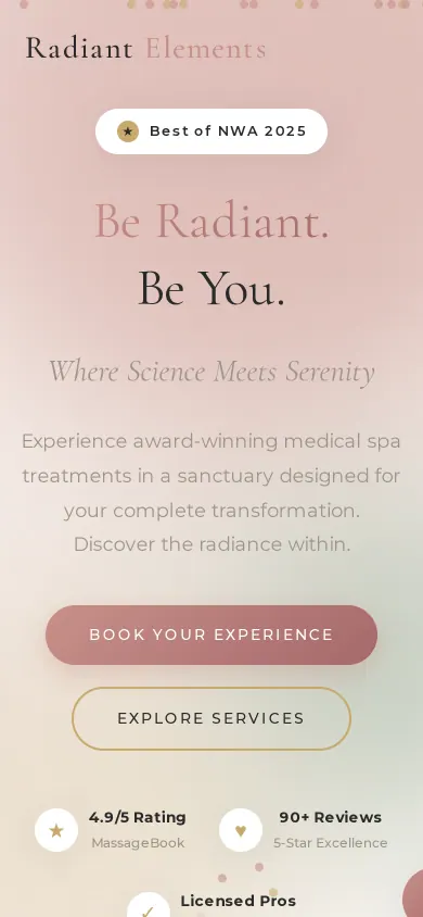 Home page of the Radiant Elements Medical Spa website on a phone