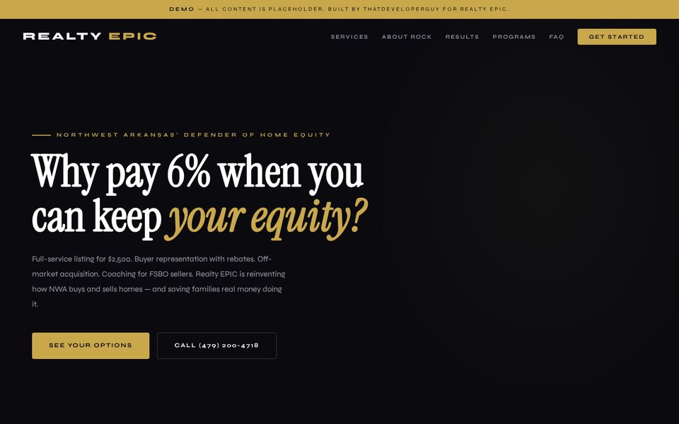 Home page of the Realty EPIC website on a desktop screen