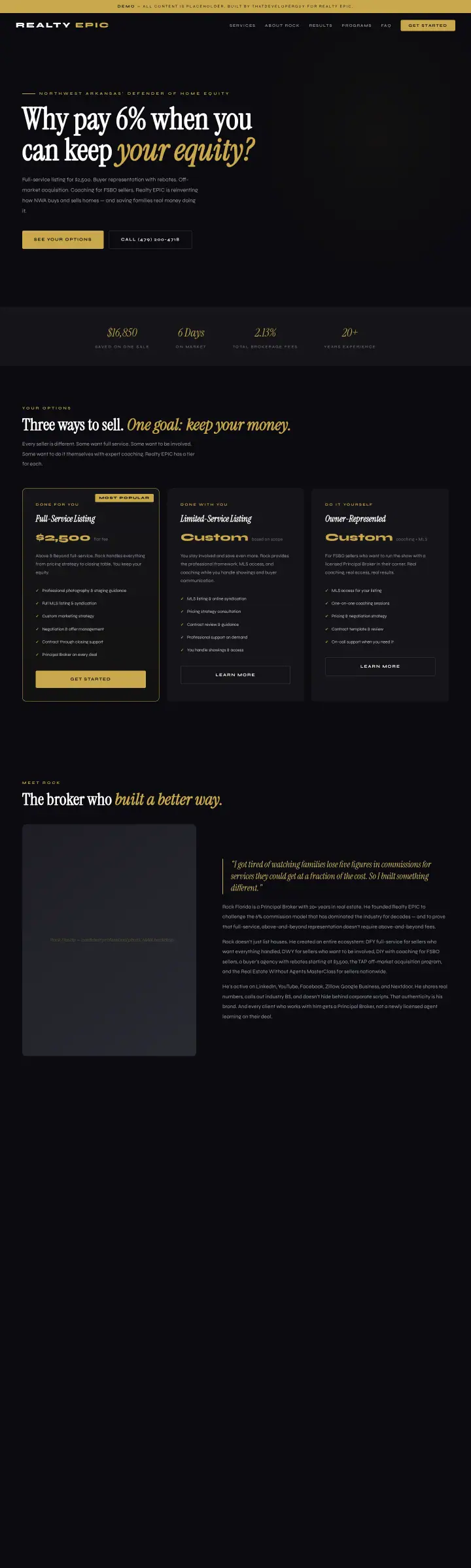 Home page of the Realty EPIC website shown as one full page from top to bottom