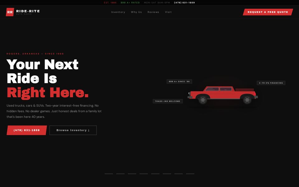 Home page of the Ride-Rite Auto Sales website on a desktop screen