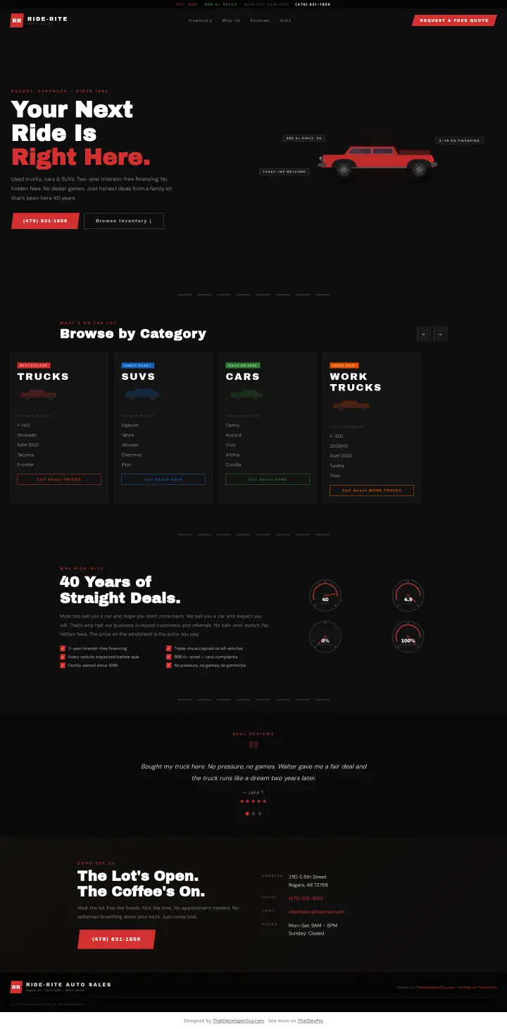 Home page of the Ride-Rite Auto Sales website shown as one full page from top to bottom