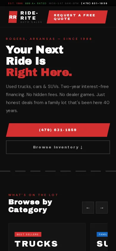 Home page of the Ride-Rite Auto Sales website on a phone