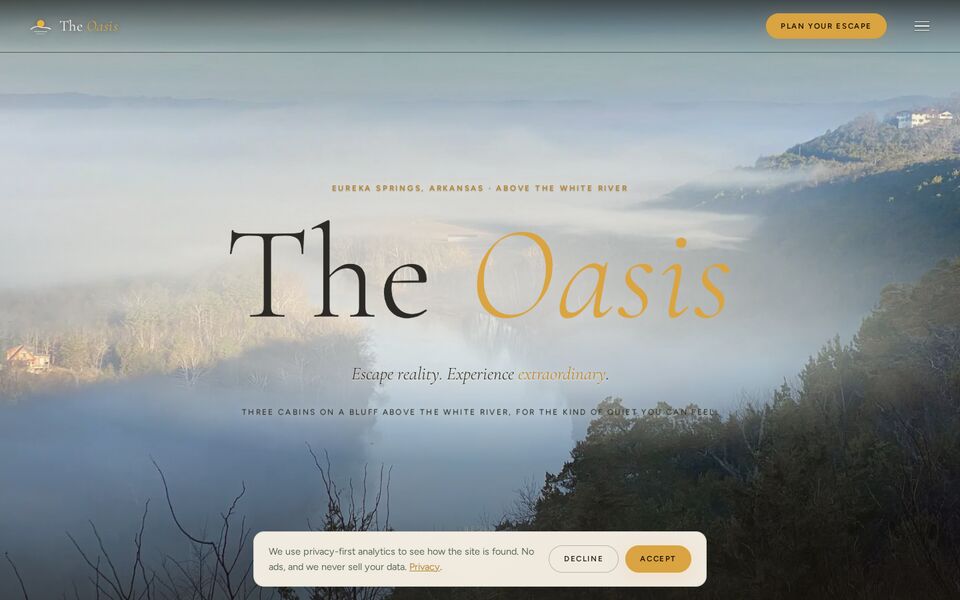 Home page of the The Oasis Cabins website on a desktop screen