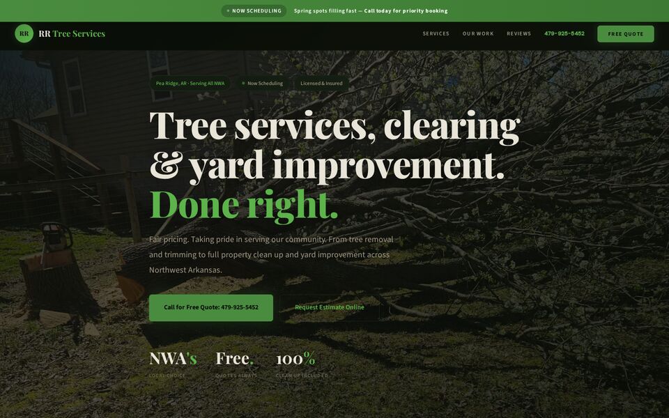 Home page of the RR Tree Services and Clean Up website on a desktop screen