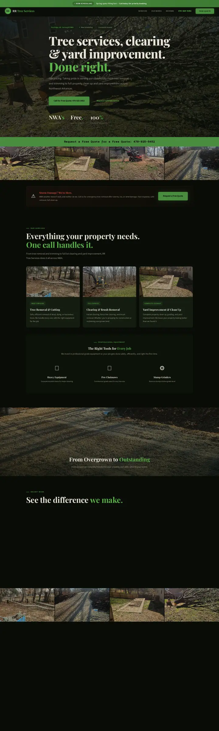 Home page of the RR Tree Services and Clean Up website shown as one full page from top to bottom