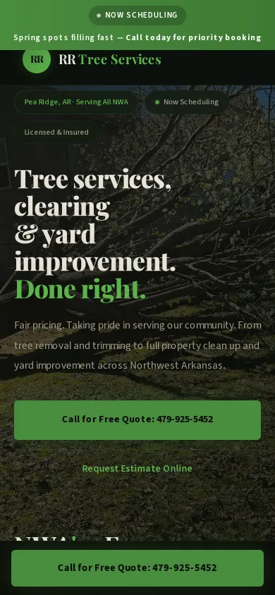 Home page of the RR Tree Services and Clean Up website on a phone
