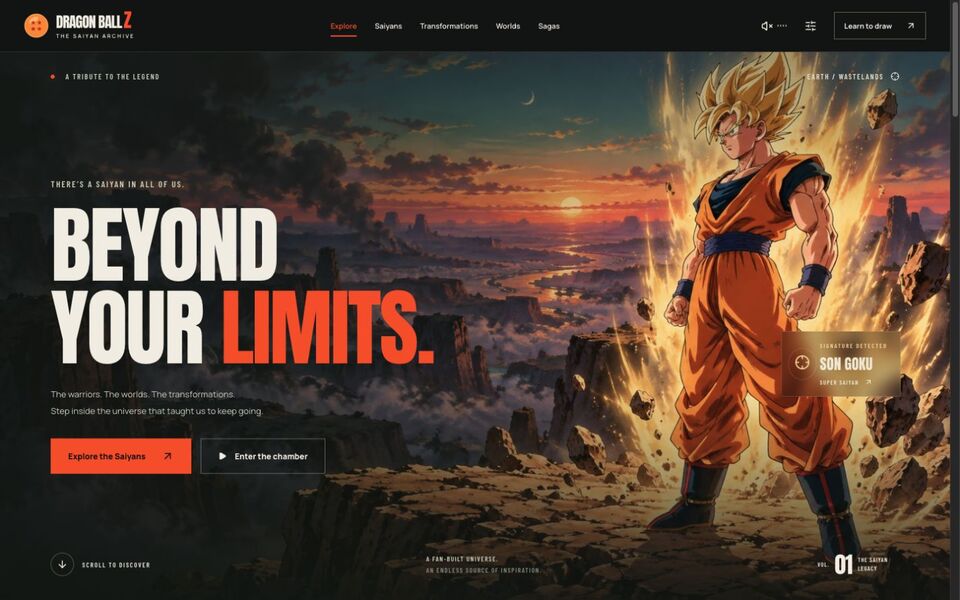 Home page of the Saiyan Archive website on a desktop screen