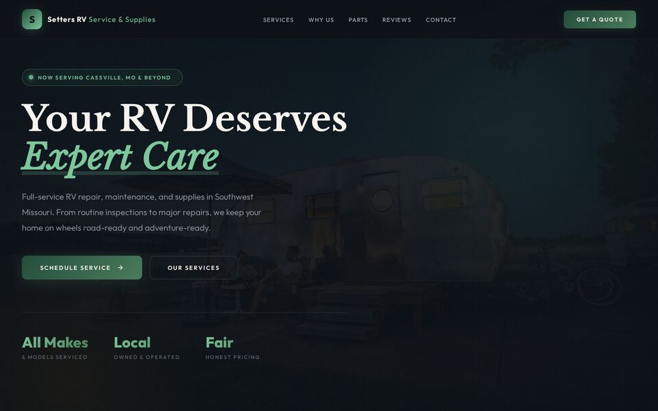 Home page of the Setters RV Service & Supplies website on a desktop screen