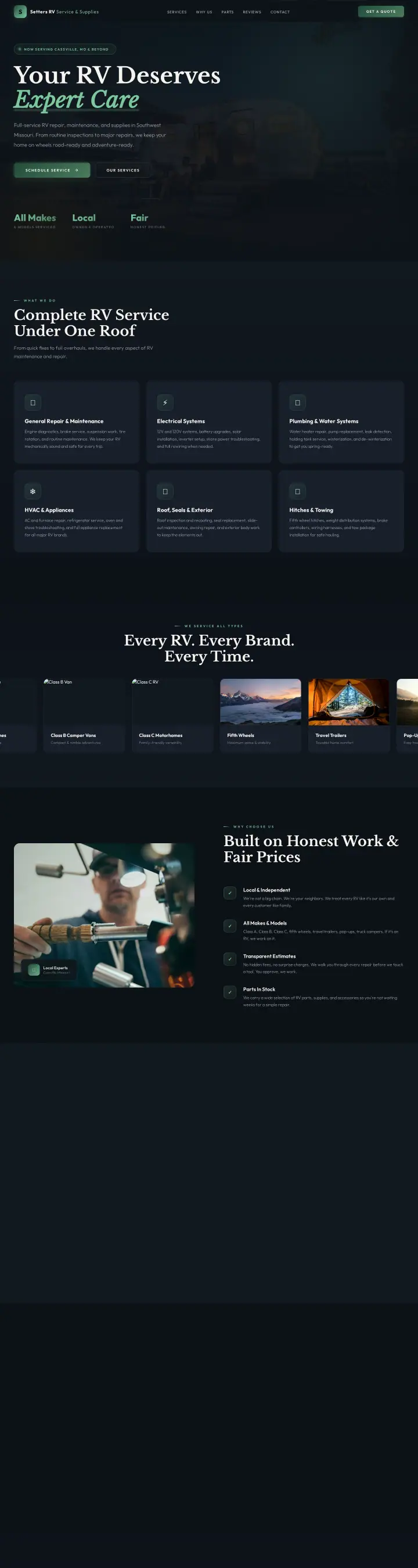 Home page of the Setters RV Service & Supplies website shown as one full page from top to bottom