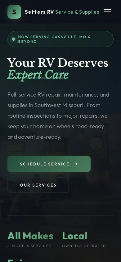 Home page of the Setters RV Service & Supplies website on a phone