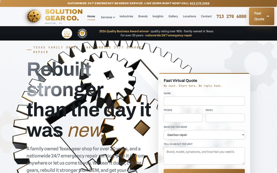 Home page of the Solution Gear Co. website on a desktop screen