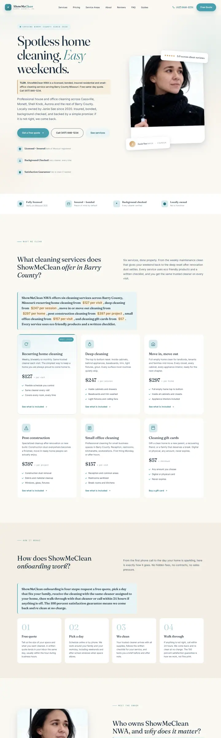 Home page of the ShowMeClean NWA website shown as one full page from top to bottom