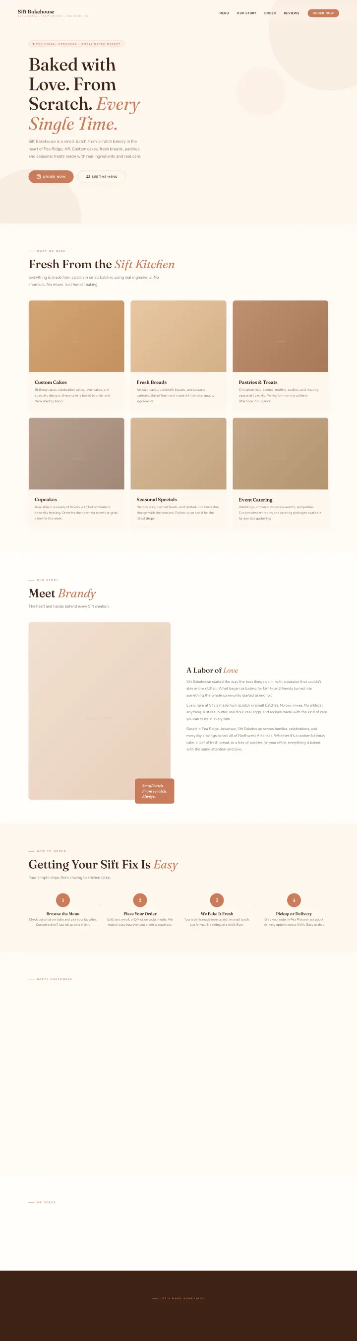 Home page of the Sift Bakehouse website shown as one full page from top to bottom