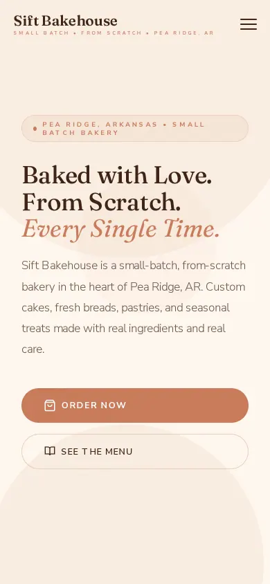 Home page of the Sift Bakehouse website on a phone