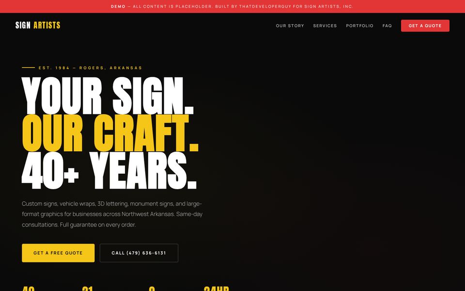Home page of the Sign Artists, Inc. website on a desktop screen