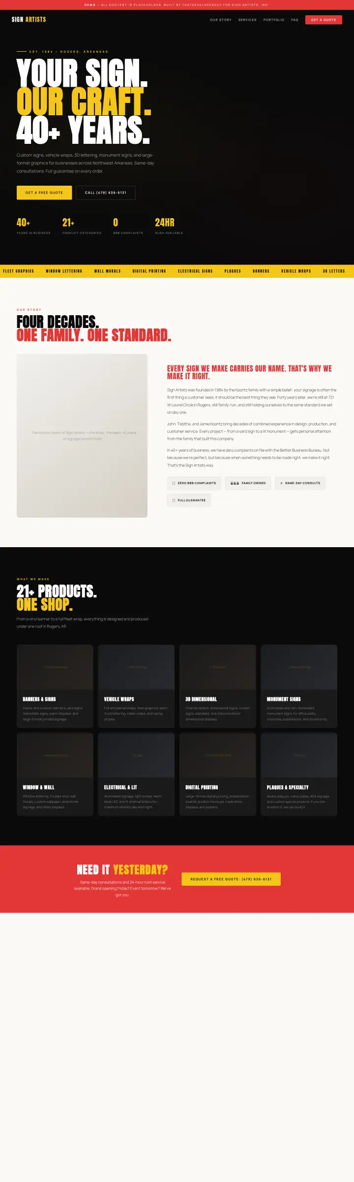 Home page of the Sign Artists, Inc. website shown as one full page from top to bottom