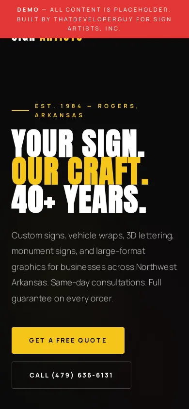Home page of the Sign Artists, Inc. website on a phone