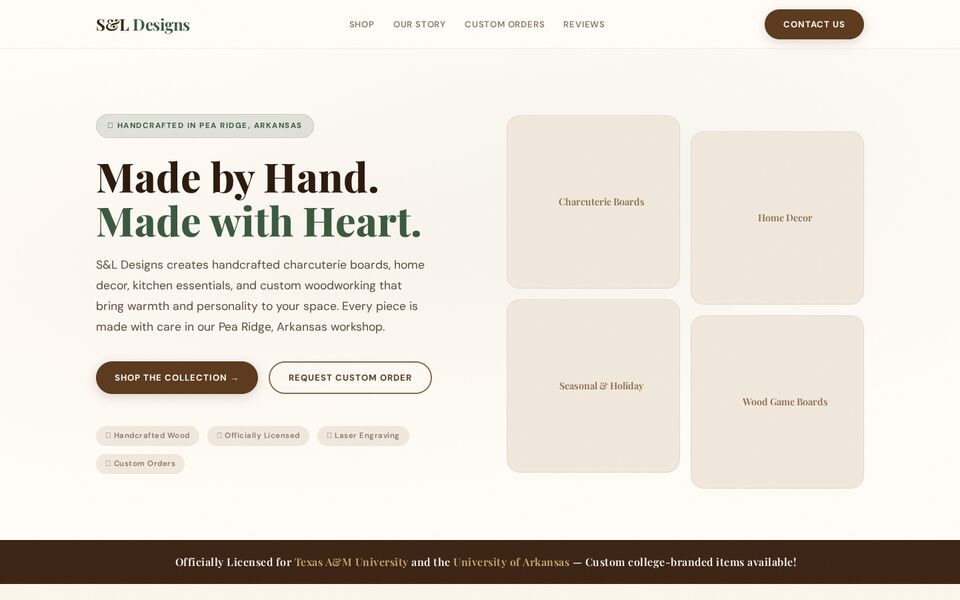 Home page of the S&L Designs website on a desktop screen