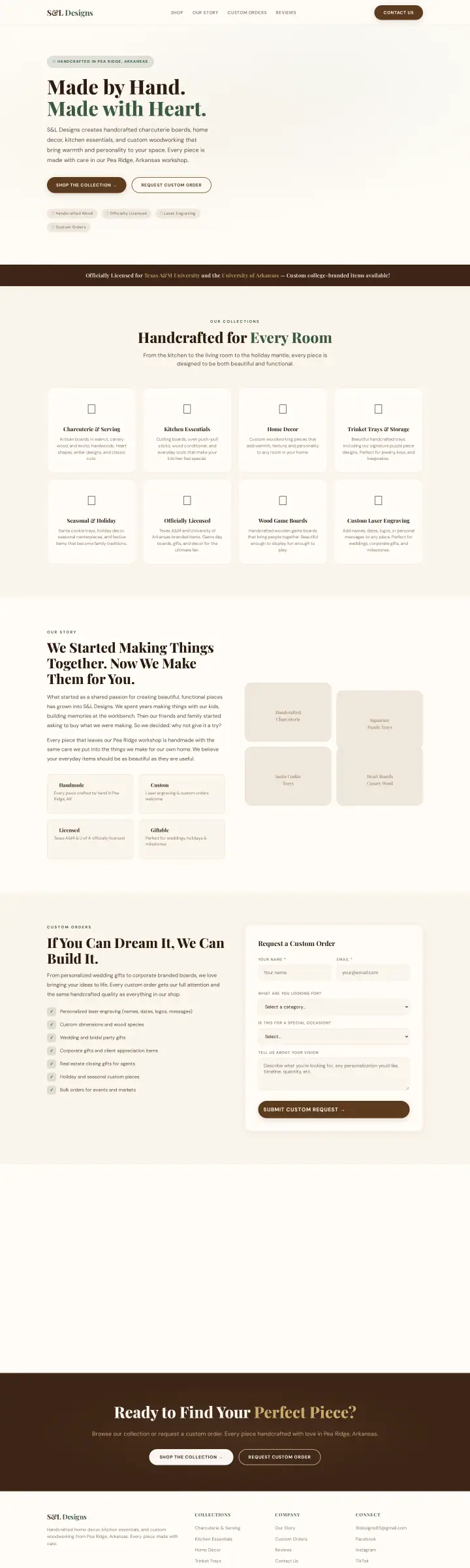 Home page of the S&L Designs website shown as one full page from top to bottom