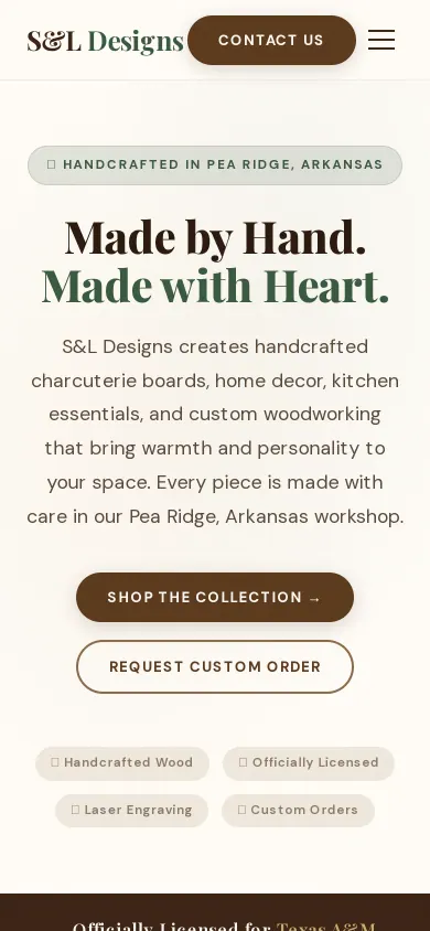 Home page of the S&L Designs website on a phone
