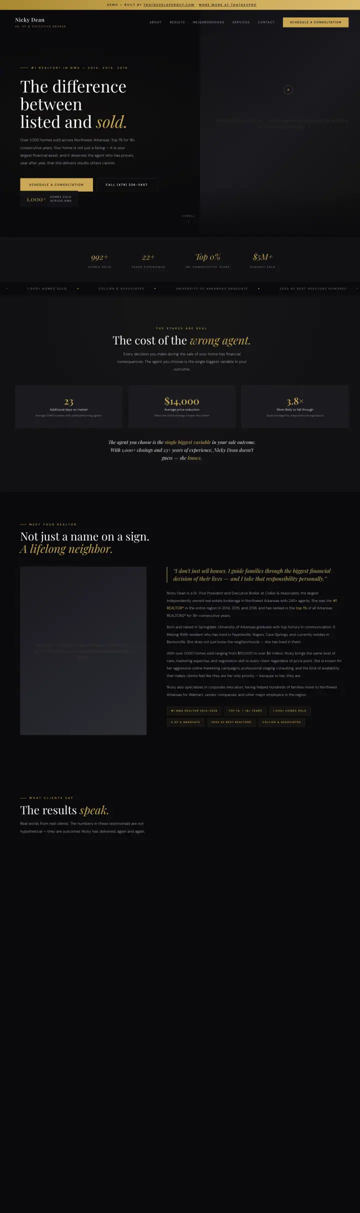 Home page of the Nicky Dean website shown as one full page from top to bottom