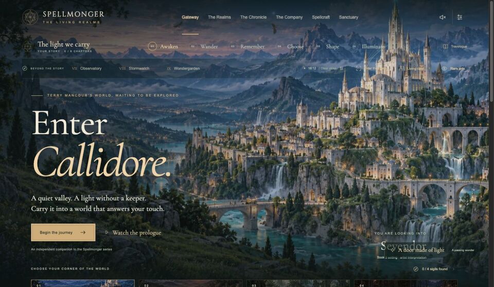 Home page of the Spellmonger · The Living Realms website on a desktop screen