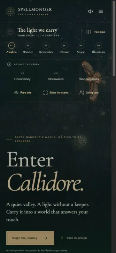 Home page of the Spellmonger · The Living Realms website on a phone