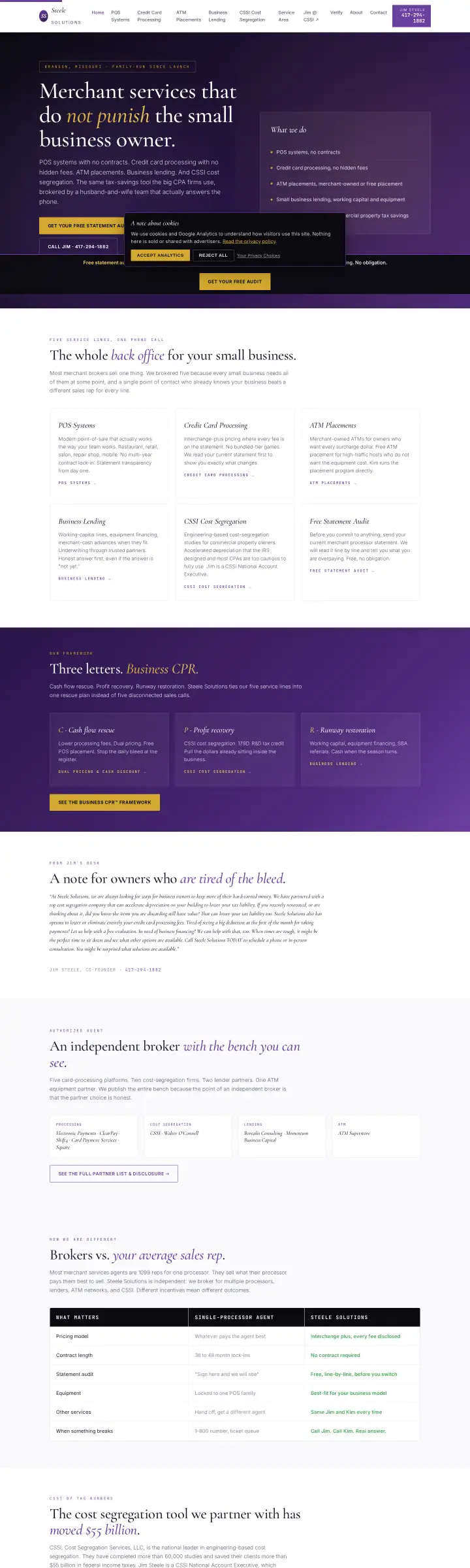 Home page of the Steele Solutions website shown as one full page from top to bottom