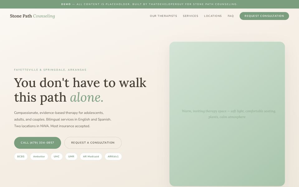 Home page of the Stone Path Counseling, PLC website on a desktop screen