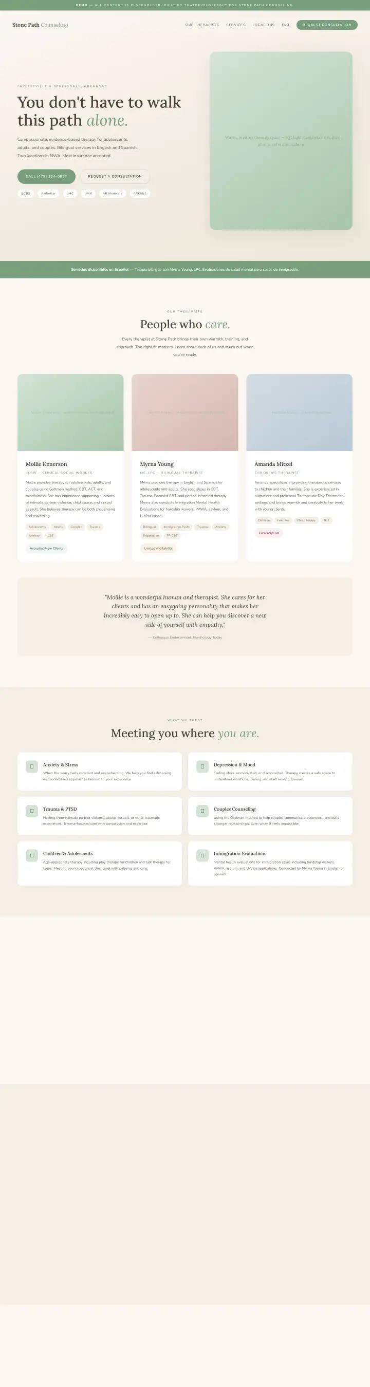 Home page of the Stone Path Counseling, PLC website shown as one full page from top to bottom