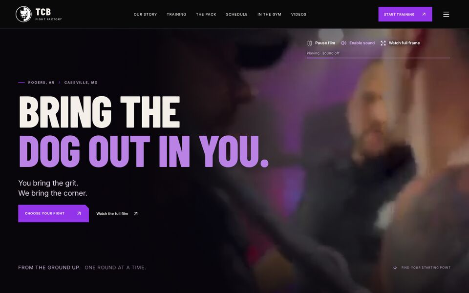 Home page of the TCB Fight Factory website on a desktop screen