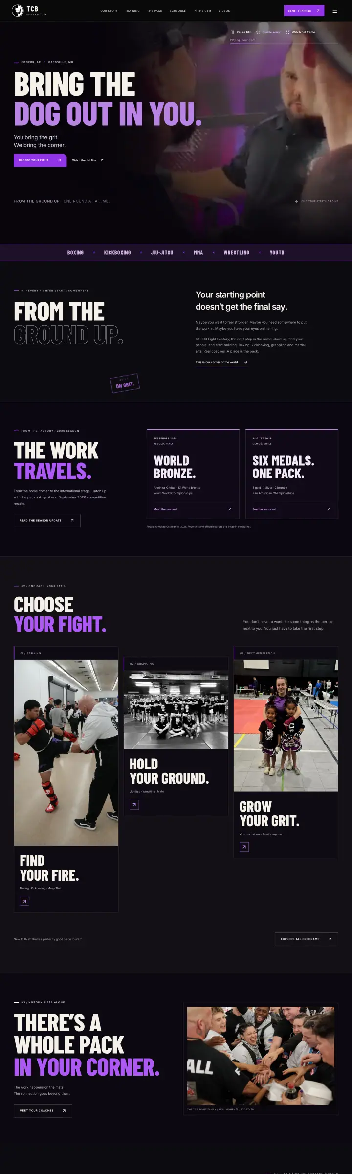 Home page of the TCB Fight Factory website shown as one full page from top to bottom
